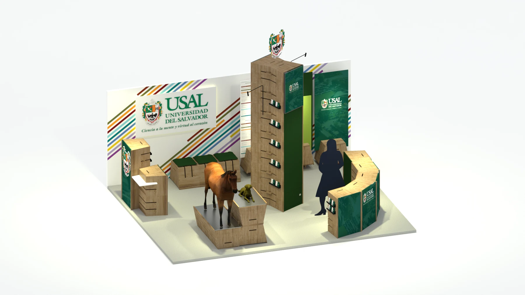 Render final del stand USAL con módulos en madera, gráfica institucional y mobiliario expositivo