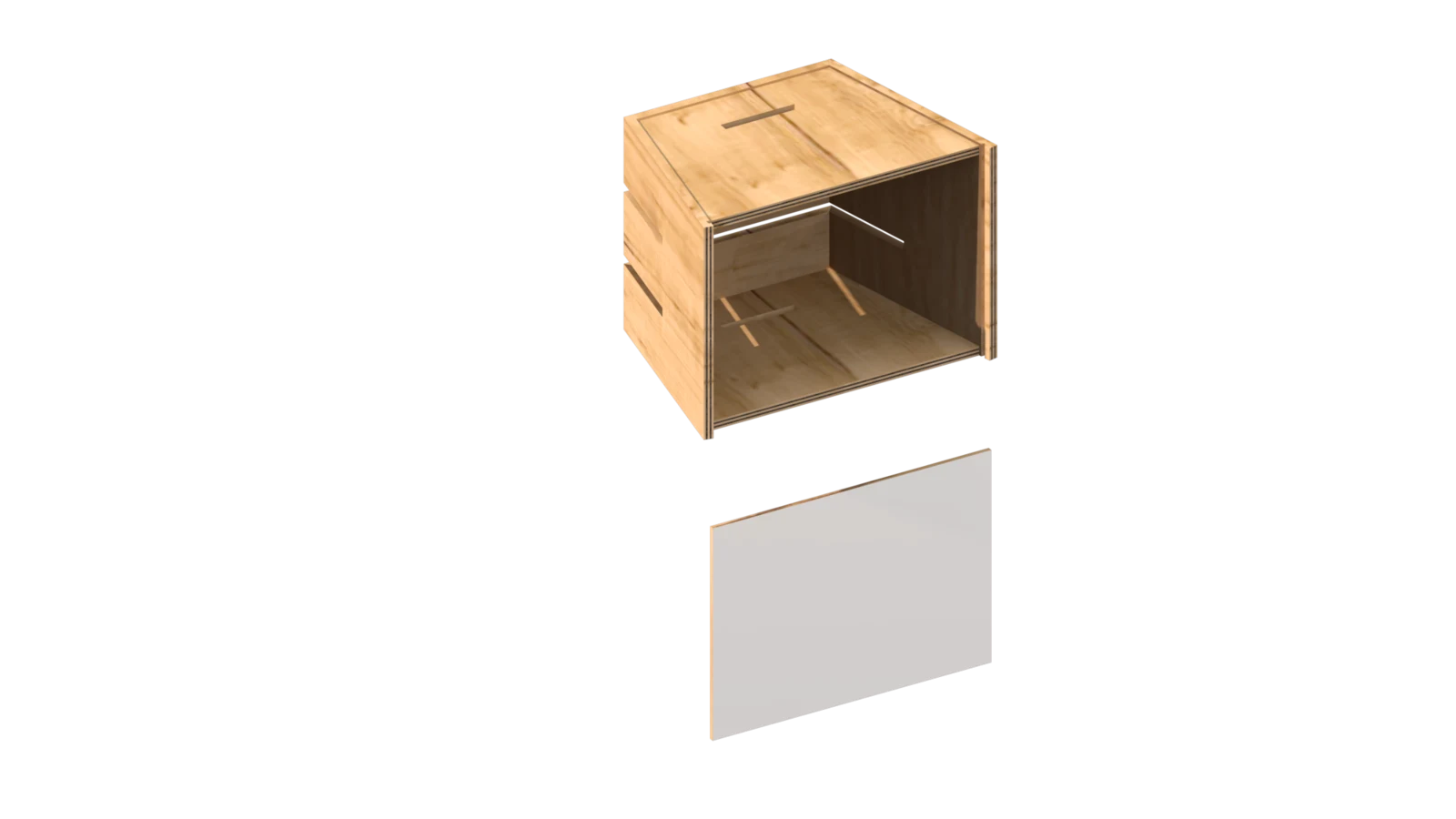 Render del módulo en madera con panel inferior separado